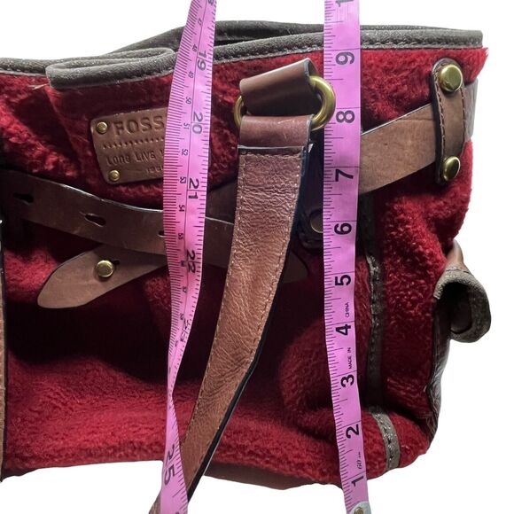 Fossil Tote Bag Womens Red Fleece With Brown Leather Trim Adrina Inner Pockets - Picture 12 of 16